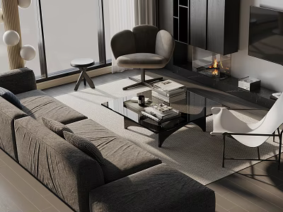 Modern Fabric Sofa And Glass Coffee Table Combination With Armchair And Area Rug 3d model