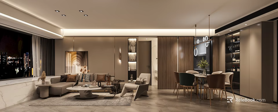 Modern Living Dining Room Interior Design With Sofa Coffee Table And Dining Chairs 3d model 
