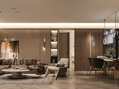 Modern Living Dining Room Interior Design With Sofa Coffee Table And Dining Chairs 3d model