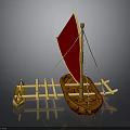 Wooden Water Transport Boat With Red Sail And Raft Structure Design