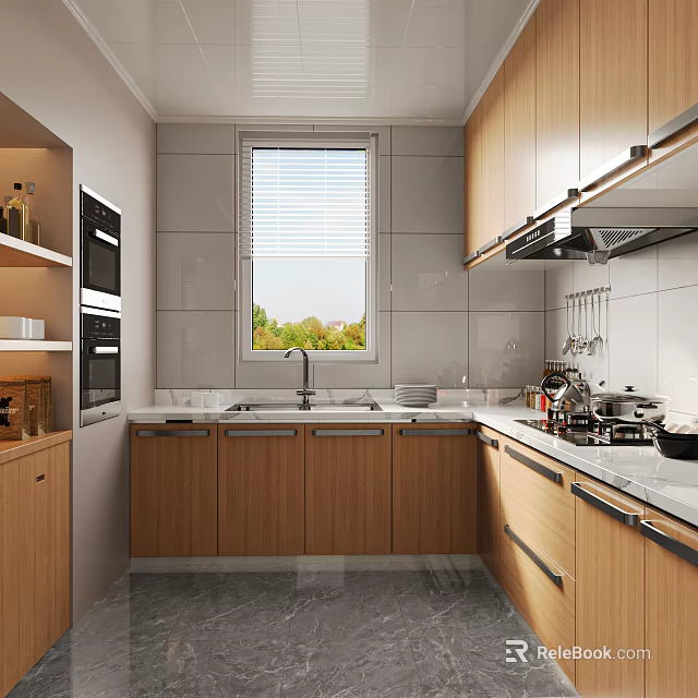 Modern Kitchen Interior With Wooden Cabinets Window Countertop Sink And Range Hood 3d model 