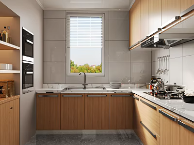 Modern Kitchen Interior With Wooden Cabinets Window Countertop Sink And Range Hood 3d model