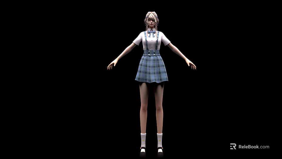Woman In White Top Blue Plaid Skirt Standing With White Socks Black Shoes And Black Background 3d model 