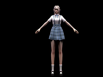 Woman In White Top Blue Plaid Skirt Standing With White Socks Black Shoes And Black Background 3d model