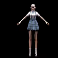 Woman In White Top Blue Plaid Skirt Standing With White Socks Black Shoes And Black Background
