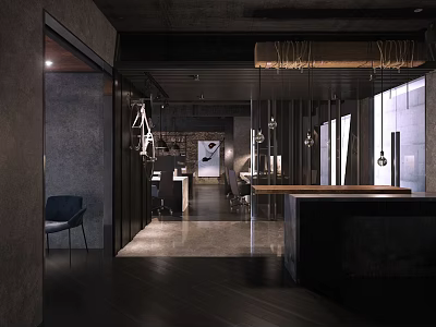 Industrial Public Office Space Interior With Open Layout Desks Chairs And Pendant Lights 3d model