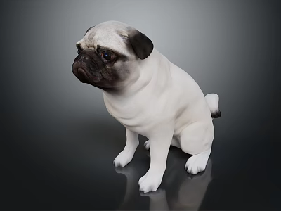 Cute Pug Dog Sitting On Reflective Surface With White And Black Coat Against Dark Background 3d model