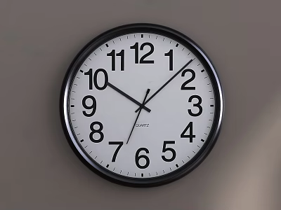 Classic Black Frame Wall Clock With White Dial And Black Numbers On Gray Wall 3d model