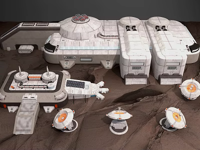 Sci Fi Base Structure With Astronaut Figure And Small Circular Devices On Rocky Terrain 3d model