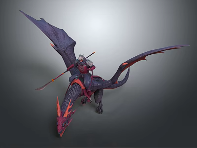 Fantasy Warrior Game Character Riding Purple Red Dragon With Spiked Wings And Spear 3d model