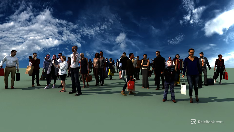 Crowd of People Walking Outdoors With Blue Sky And Green Ground Carrying Shopping Bags 3d model 