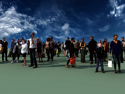 Crowd of People Walking Outdoors With Blue Sky And Green Ground Carrying Shopping Bags 3d model