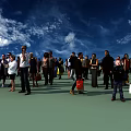 Crowd of People Walking Outdoors With Blue Sky And Green Ground Carrying Shopping Bags