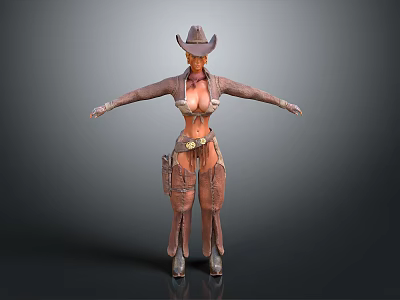 3D Female Cowboy Character In Leather Armor Outfit With Cowboy Hat And Belt Holster 3d model