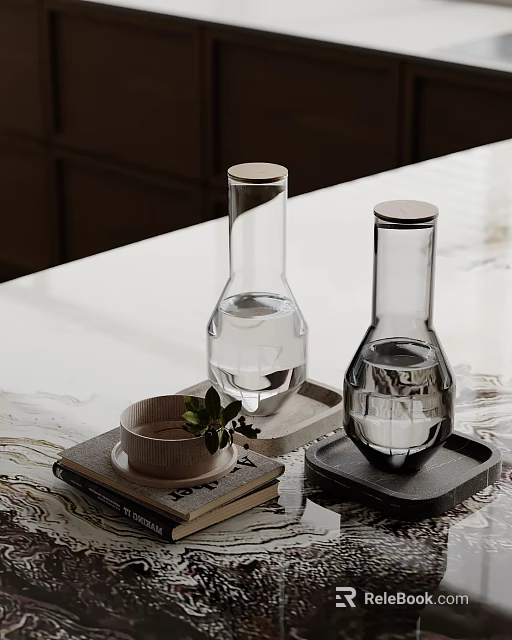 Elegant Decorative Ornament Set With Glass Vases Bowl Green Leaf Book And Trays On Table 3d model 
