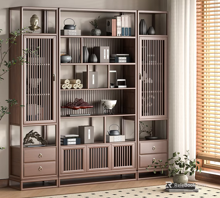 Traditional Chinese Wooden Display Shelf With Lattice Doors Drawers And Multiple Decorative Items 3d model 