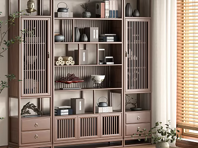 Traditional Chinese Wooden Display Shelf With Lattice Doors Drawers And Multiple Decorative Items 3d model