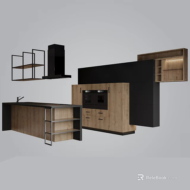 Modern Kitchen With Wooden Black Cabinets Open Shelves Island Counter And Built in Oven 3d model 