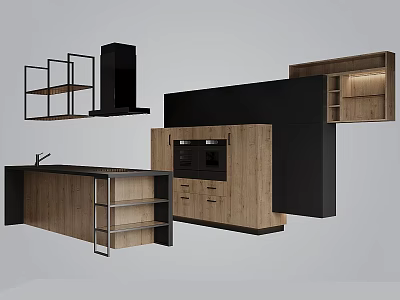 Modern Kitchen With Wooden Black Cabinets Open Shelves Island Counter And Built in Oven 3d model