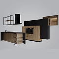 Modern Kitchen With Wooden Black Cabinets Open Shelves Island Counter And Built in Oven