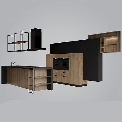 Modern Kitchen With Wooden Black Cabinets Open Shelves Island Counter And Built in Oven 3d model