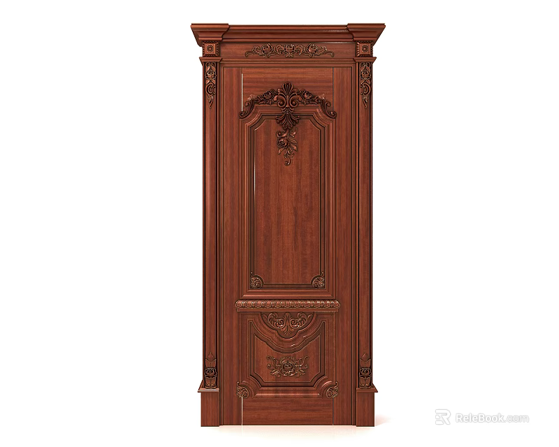 Solid Wood Hinged Door Featuring Intricate Carved Details And Classic Design 3d model