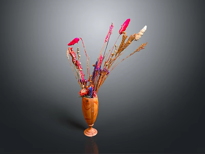 Artistic Hand Carved Wooden Vase With Colorful Dried Flowers On Dark Background 3d model