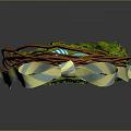 Bird Woven Nest With Blue And Yellow Striped Bow And Colorful Easter Eggs