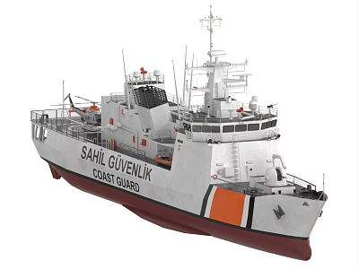 Sahil Giyvenlik Coast Guard Ship With White Hull Orange Stripes And Antennas 3d model