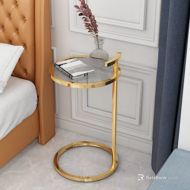 Modern Round Side Table with Gold Metal Frame Transparent Glass Top and Vase in Bedroom 3d model 