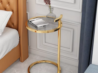 Modern Round Side Table with Gold Metal Frame Transparent Glass Top and Vase in Bedroom 3d model