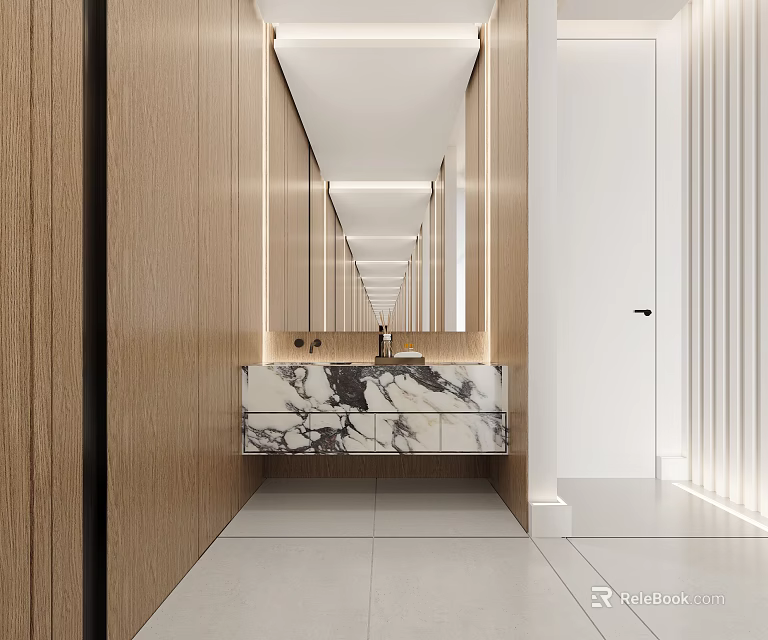 Modern Public Restroom With Marble Vanity And Wooden Walls 3d model 