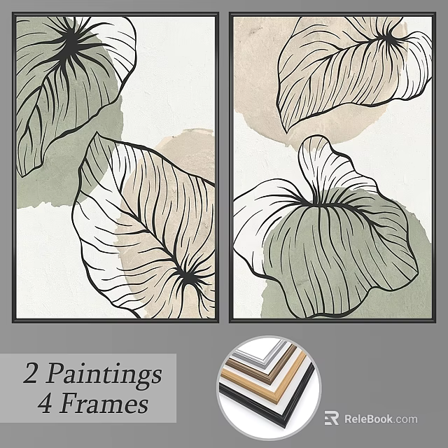 Two Decorative Leaf Pattern Paintings With Modern Frames For Home Art 3d model 