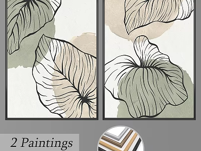 Two Decorative Leaf Pattern Paintings With Modern Frames For Home Art 3d model