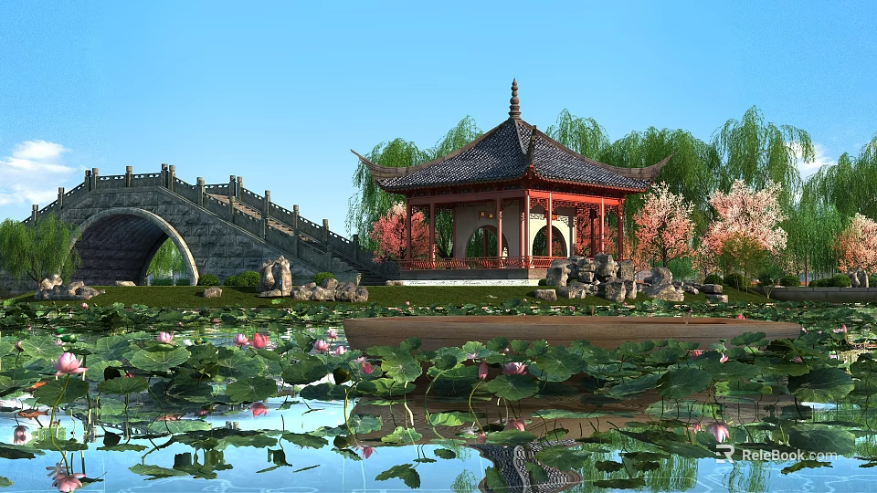 Scenic Landscape Bridge With Traditional Pagoda Willow Trees Pink Flowering Trees And Lotus Pond 3d model 