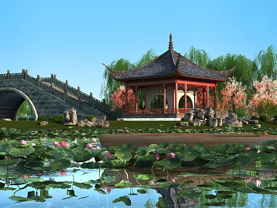 Scenic Landscape Bridge With Traditional Pagoda Willow Trees Pink Flowering Trees And Lotus Pond 3d model