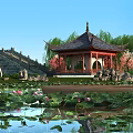 Scenic Landscape Bridge With Traditional Pagoda Willow Trees Pink Flowering Trees And Lotus Pond