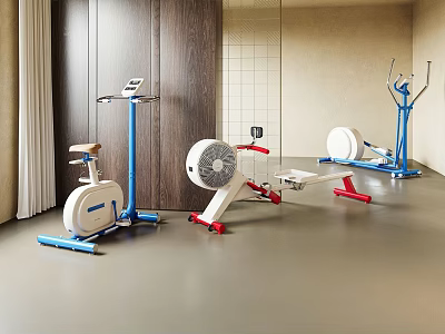 Modern Indoor Sports Equipment Featuring Stationary Bike Rower Air Bike With Blue Red White Design 3d model