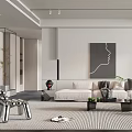 Modern Living Room Interior With Beige Sofa Black And White Striped Rug And Abstract Painting