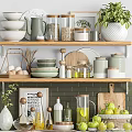 Modern Kitchenware Display On Shelves With Bowls Jars Cutting Boards And Green Plants