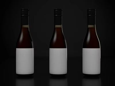 Three Dark Brown Wine Bottles With White Labels Against Black Background 3d model