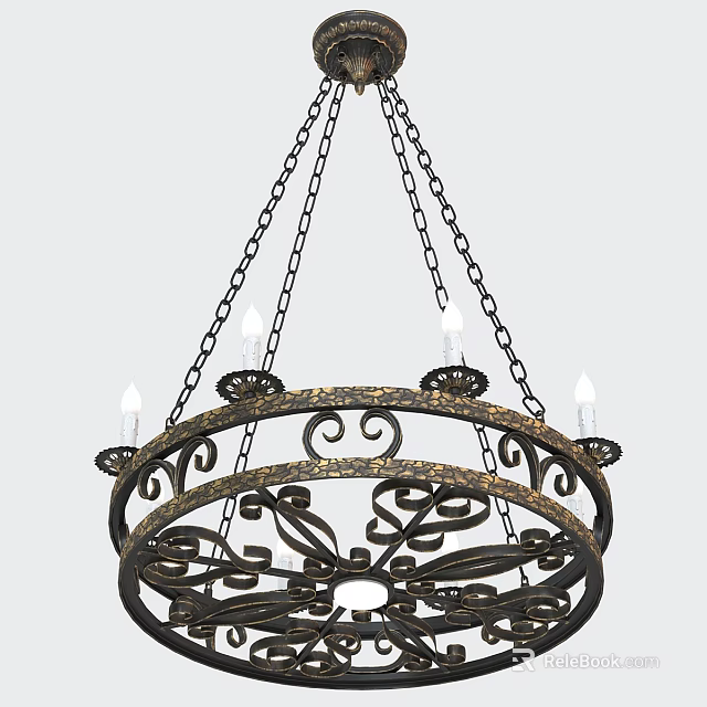 Wrought Iron Chandelier With Scrollwork Design And Hanging Chains Candle Style Lights 3d model 