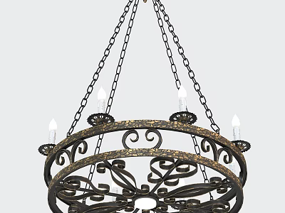 Wrought Iron Chandelier With Scrollwork Design And Hanging Chains Candle Style Lights 3d model