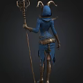 Fantasy Female Character In Blue Outfit With Staff And Metallic Decorations