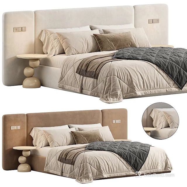 Modern Bedroom Interior With Upholstered Headboard Layered Pillows Cozy Blanket And Round Nightstand 3d model 