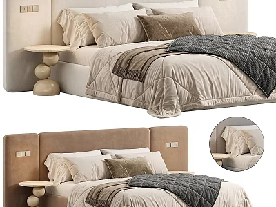 Modern Bedroom Interior With Upholstered Headboard Layered Pillows Cozy Blanket And Round Nightstand 3d model