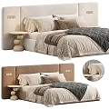 Modern Bedroom Interior With Upholstered Headboard Layered Pillows Cozy Blanket And Round Nightstand