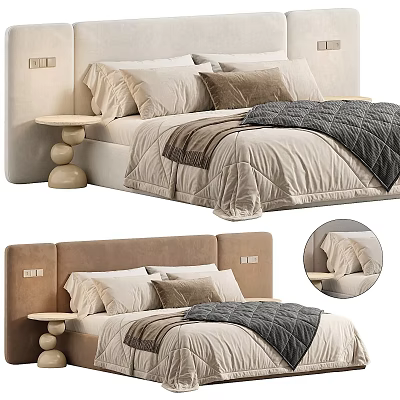 Modern Bedroom Interior With Upholstered Headboard Layered Pillows Cozy Blanket And Round Nightstand 3d model