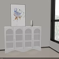 White Console Cabinet Sideboard with Arched Glass Doors Decorative Flamingo Art Vase in Bright Room