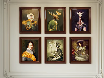 Six Framed Paintings With Animal Heads And Portrait Figures Hanging On White Wall 3d model